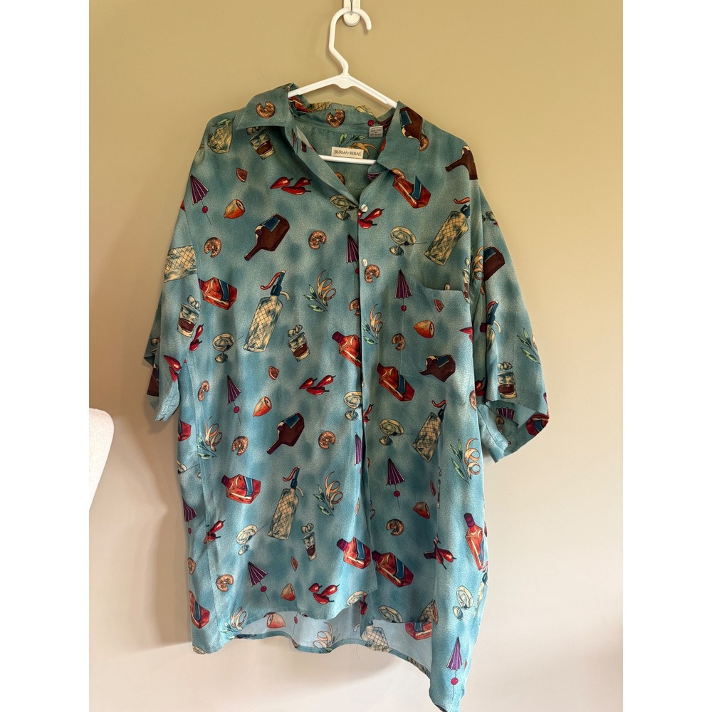 Burma Bibas Mens XL Silk Button Down Shirt Teal Blue Cocktail Barware Novelty
